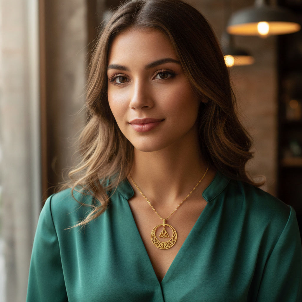 Collar Dorado Nudo Celta Triquetra – Amuleto de Protección y Energía Ancestral